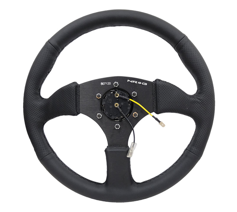 NRG Reinforced Steering Wheel (350mm / 2.5in. Deep) Blk Leather Comfort Grip w/5mm Matte Blk Spokes.