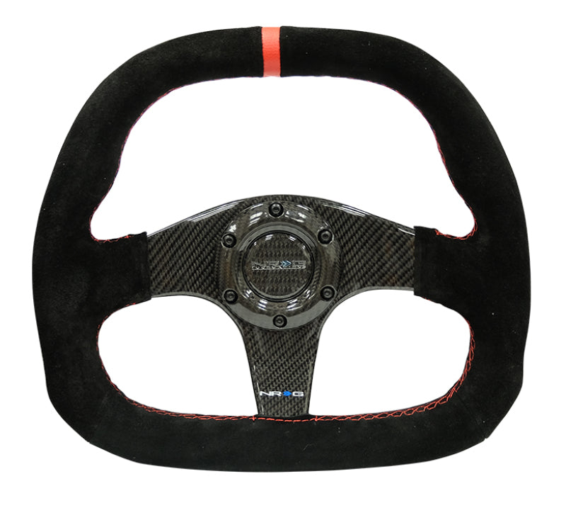 NRG Carbon Fiber Steering Wheel (320mm) Flat Btm. Blk Suede/Red Stitch w/CF Spokes & Red Center Mark.