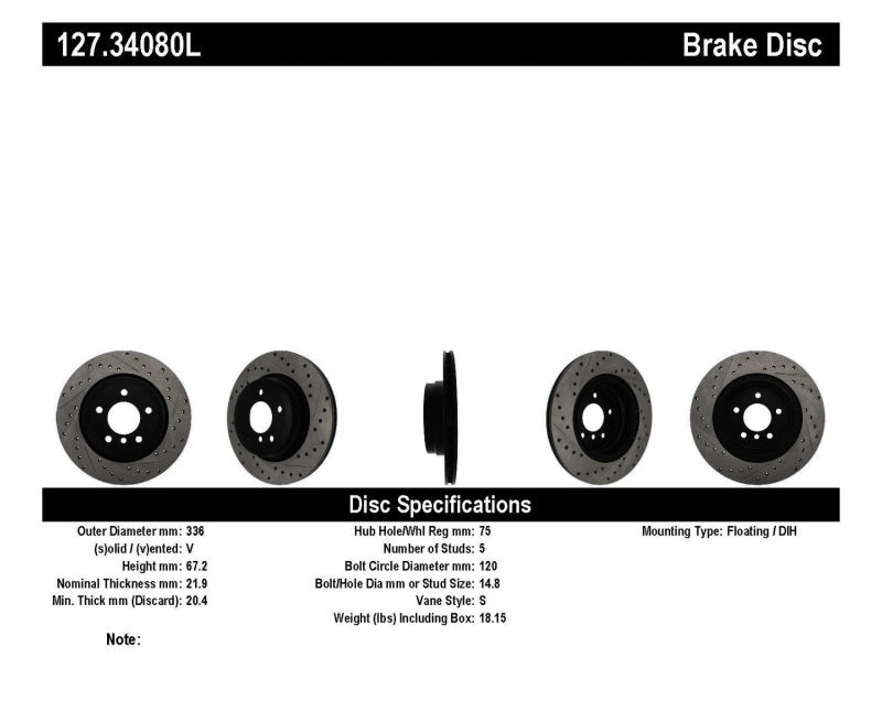 StopTech 06 BMW 330 / 07-09 BMW 335 Slotted & Drilled Left Rear Rotor.