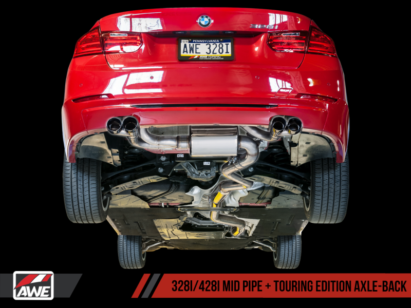 AWE Tuning BMW F3X N20/N26 328i/428i Touring Edition Exhaust Quad Outlet - 80mm Chrome Silver Tips.