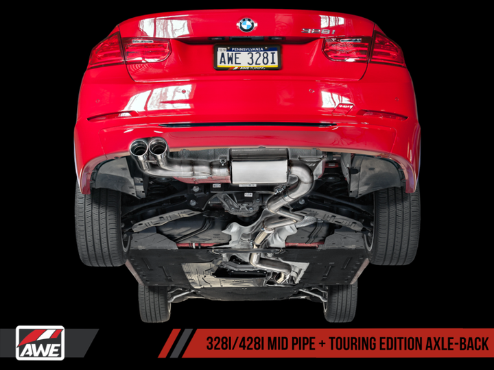 AWE Tuning BMW F3X 28i / 30i Touring Edition Axle-Back Exhaust Single Side - 80mm Black Tips.