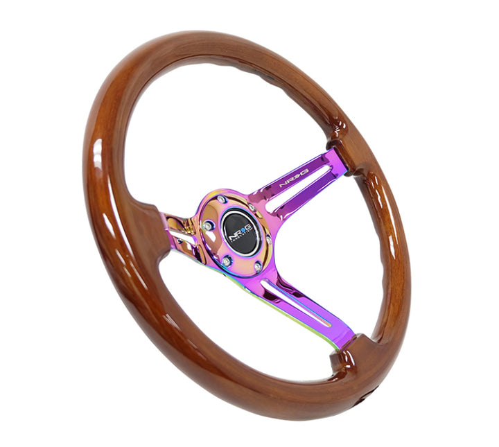 NRG Reinforced Steering Wheel (350mm / 3in. Deep) Brown Wood w/Blk Matte Spoke/Neochrome Center Mark.