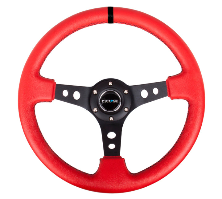 NRG Reinforced Steering Wheel (350mm / 3in. Deep) Red Suede w/Blk Circle Cutout Spokes.