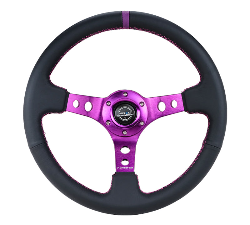 NRG Reinforced Steering Wheel (350mm / 3in. Deep) Black Leather w/Purple Center & Purple Stitching.