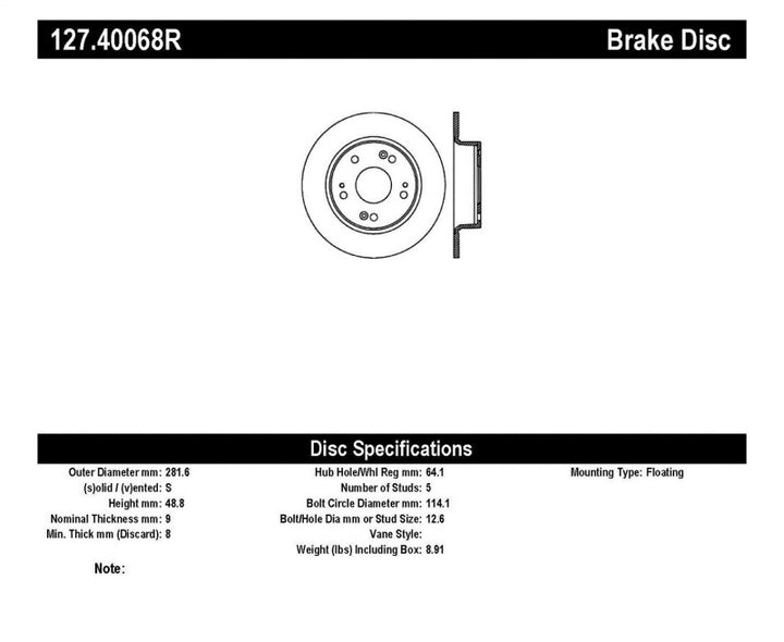 StopTech 09-10 Acura TSX / 08-10 Honda Accord Coupe/05-10 Sedan Right Rear Slotted & Drilled Rotor.