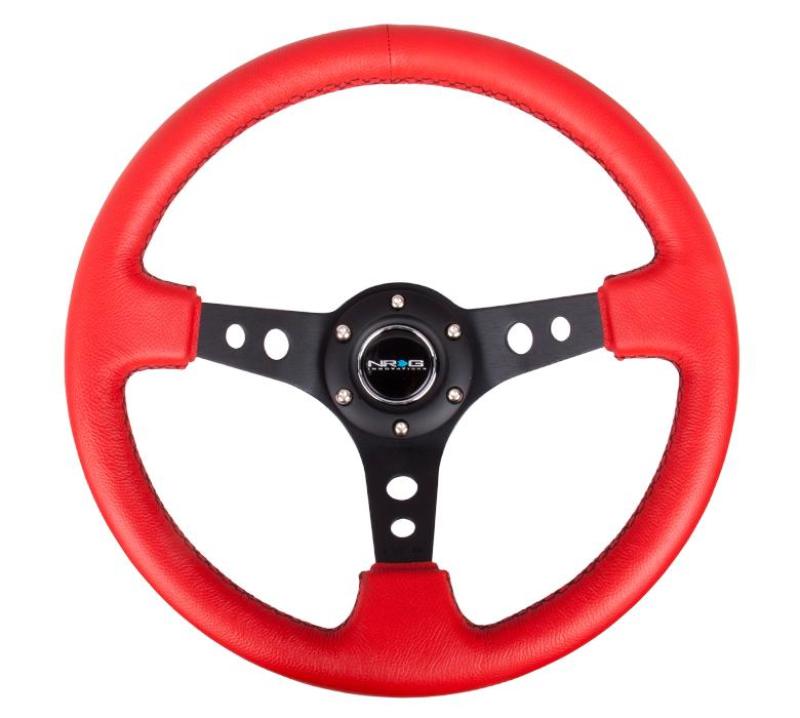 NRG Reinforced Steering Wheel (350mm / 3in. Deep) Red Leather/Blk Stitch w/Blk Spokes (Hole Cutouts).