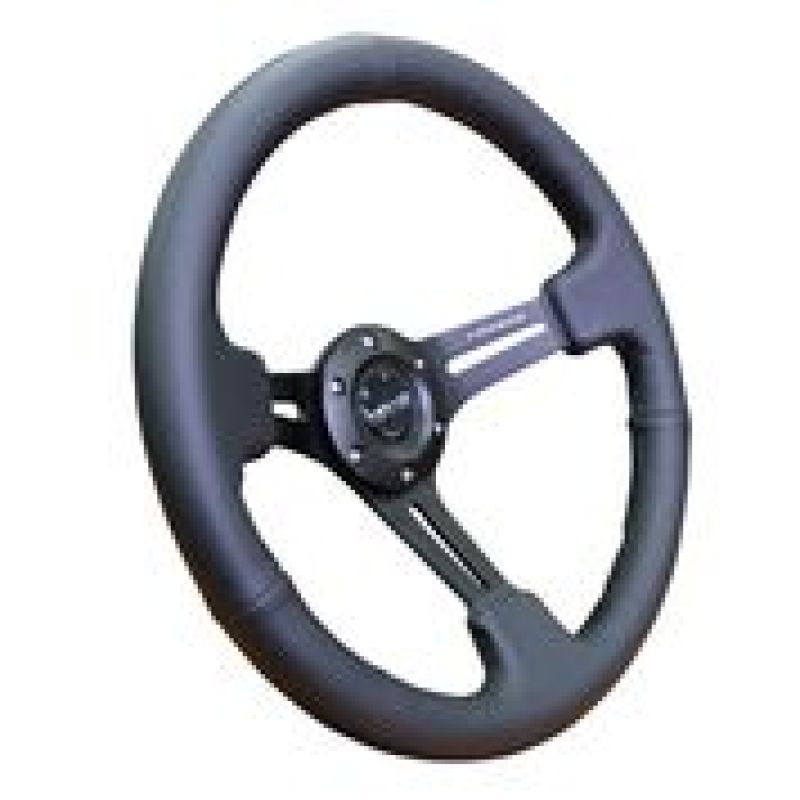 NRG Reinforced Steering Wheel (350mm / 3in. Deep) Black Leather w/ Black Stitching.