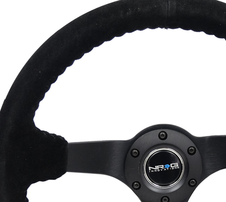 NRG Reinforced Steering Wheel (350mm / 3in. Deep) Blk Suede/Blk Bball Stitch w/5mm Matte Black Spoke.