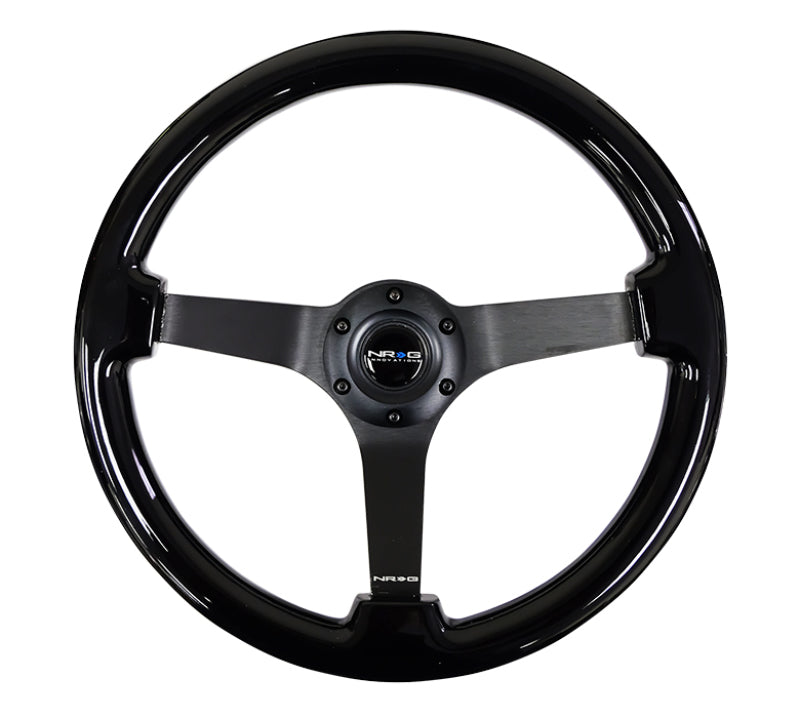 NRG Reinforced Steering Wheel (350mm / 3in. Deep) Black w/Black Chrome Solid 3-Spoke Center.