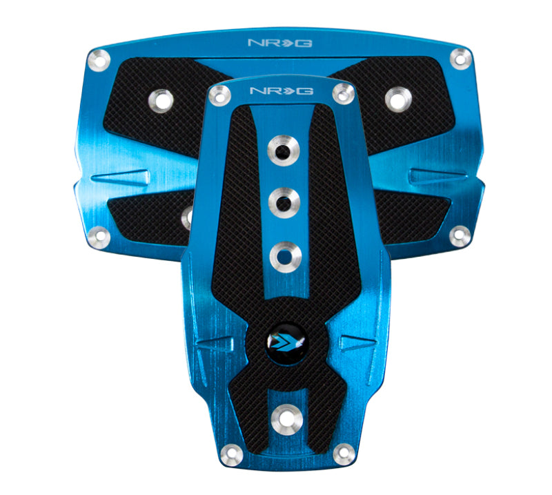 NRG Brushed Aluminum Sport Pedal A/T - Blue w/Black Rubber Inserts.