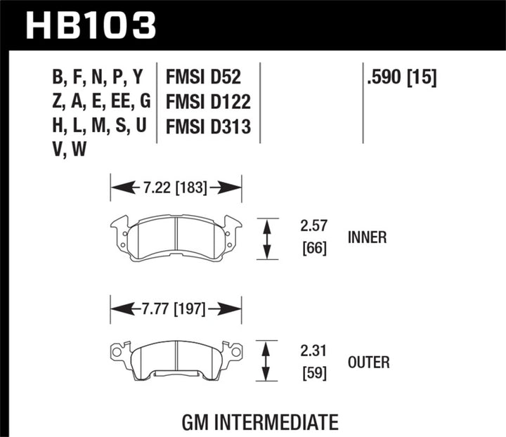 Hawk 76-77 Chevrolet Camaro LT / 72 Camaro Z28 / 69-81 Camaro Super Duty Street Front Brake Pads.