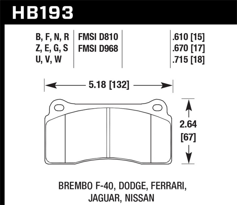 Hawk 03-06/08-09 Dodge Viper / 88-92 Ferrari F40 / 95-97 F50 DTC-60 Race Brembo Brake Pads.