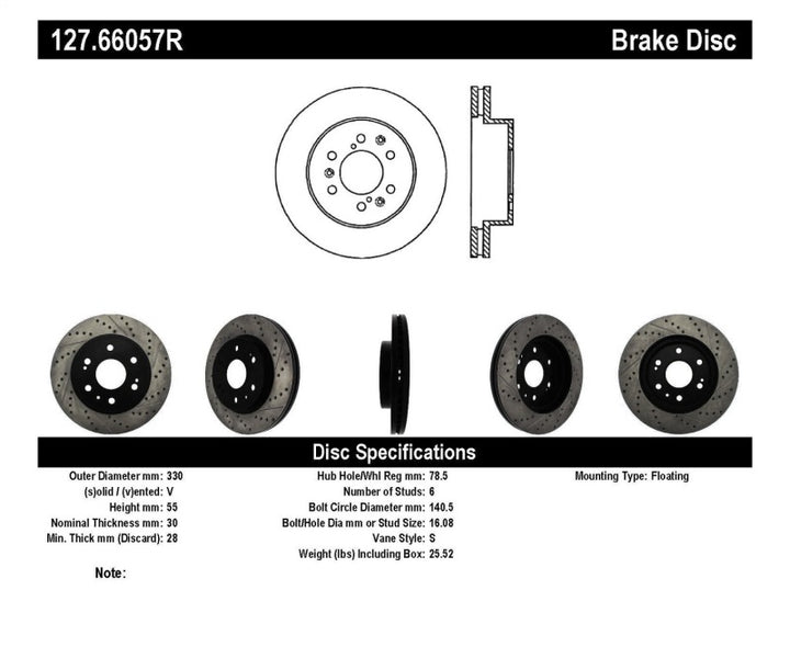 StopTech 05-10 GMC Sierra 1500 (w Rear Drum) / 07-09 GMC Yukon Front Right Slotted & Drilled Rotor.