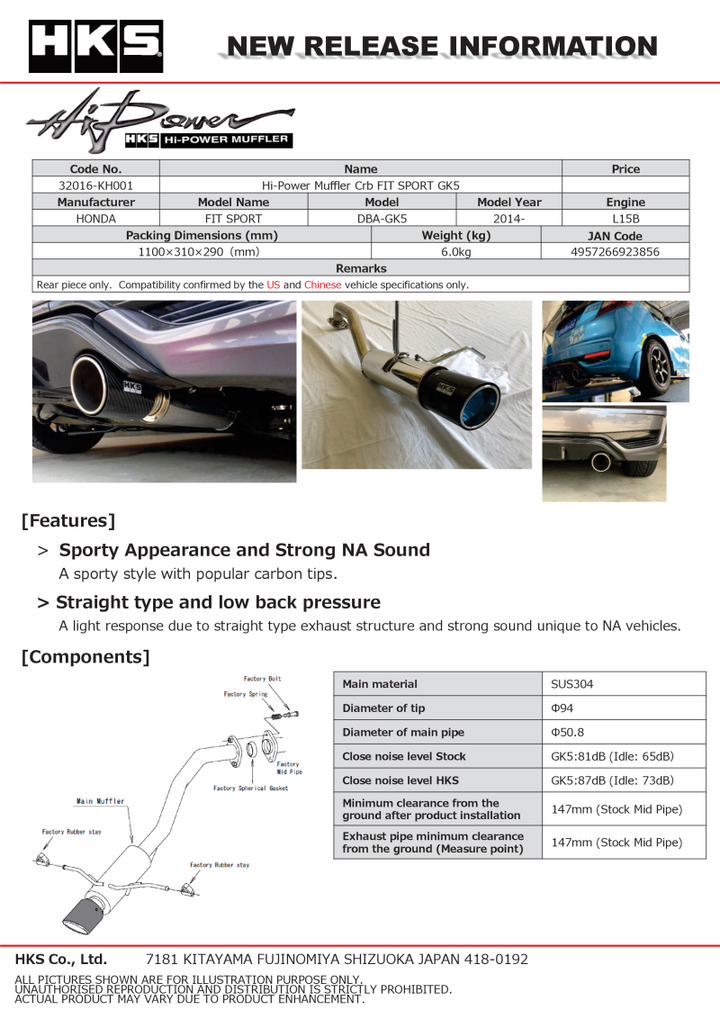 HKS Hi-Power Muffler 2014+ Honda Fit Sport GK5 w/ Carbon Tips.