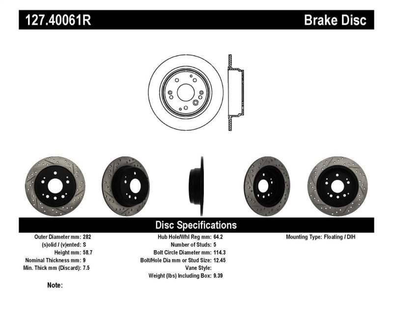 StopTech 04-08 Acura TL / 03-09 honda Element Slotted & Drilled Right Rear Rotor.
