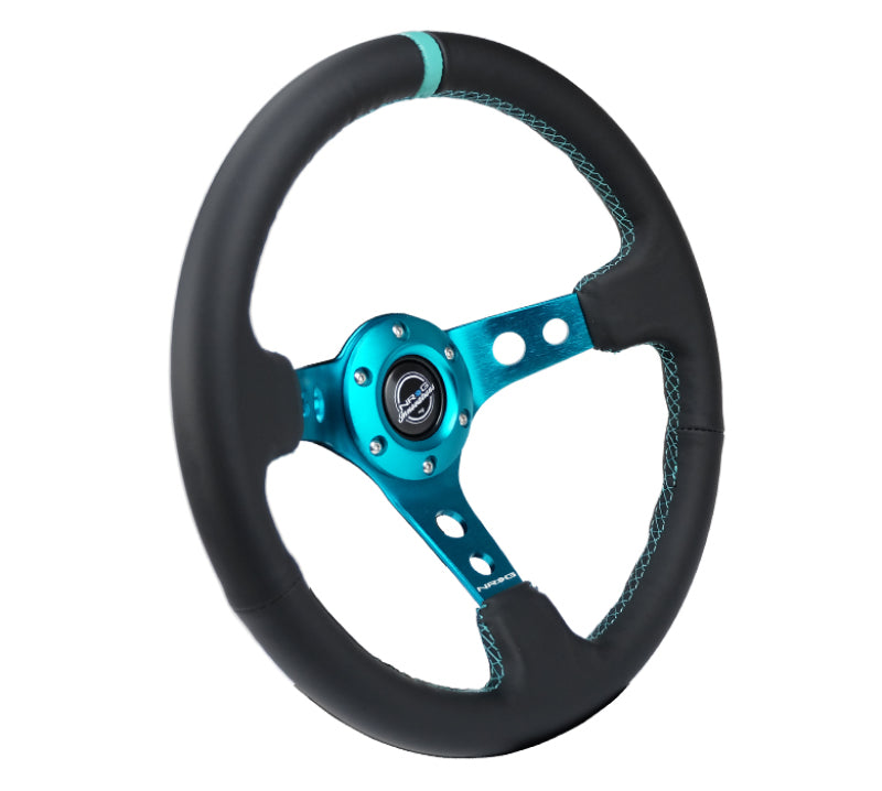 NRG Reinforce Steering Wheel (350mm / 3in. Deep) Blk Leather, Teal Center Mark w/ Teal Stitching.