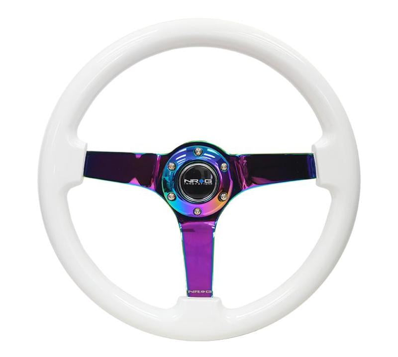 NRG Reinforced Steering Wheel (350mm / 3in. Deep) Classic White w/4mm Neochrome Solid 3-Spoke.