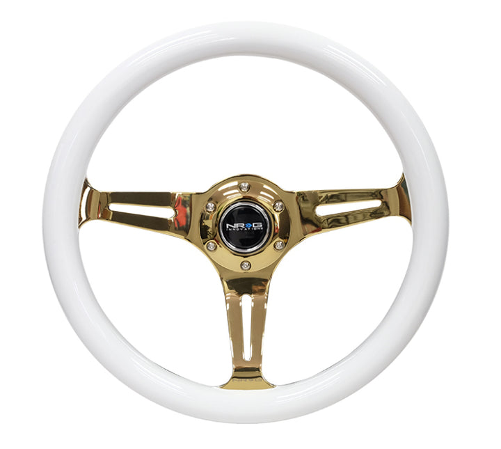 NRG Classic Wood Grain Steering Wheel (350mm) White Grip w/Chrome Gold 3-Spoke Center.