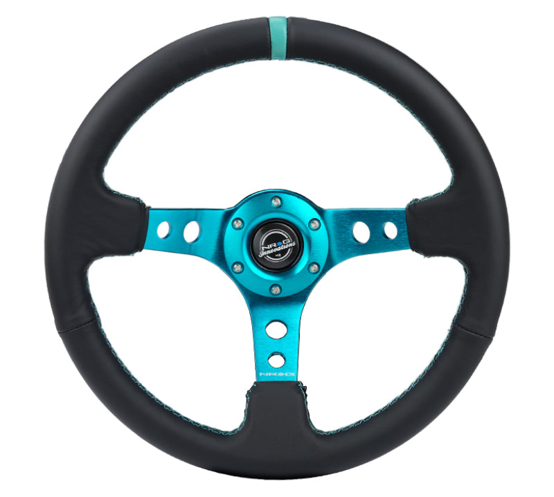 NRG Reinforce Steering Wheel (350mm / 3in. Deep) Blk Leather, Teal Center Mark w/ Teal Stitching.