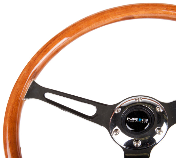 NRG Reinforced Steering Wheel (360mm) Classic Wood Grain w/Chrome Cutout 3-Spoke Center.