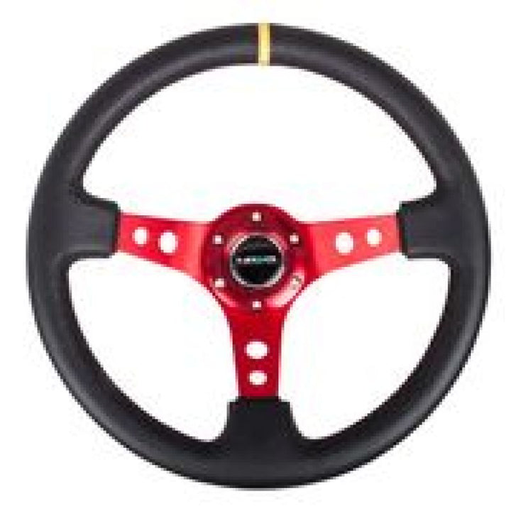 NRG Reinforced Steering Wheel (350mm / 3in. Deep) Blk Leather w/Red Spokes & Sgl Yellow Center Mark.