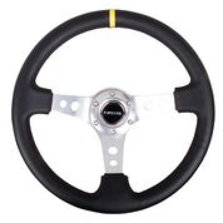 NRG Reinforced Steering Wheel (350mm / 3in. Deep) Blk Leather w/Circle Cut Spokes & Single Yellow CM.