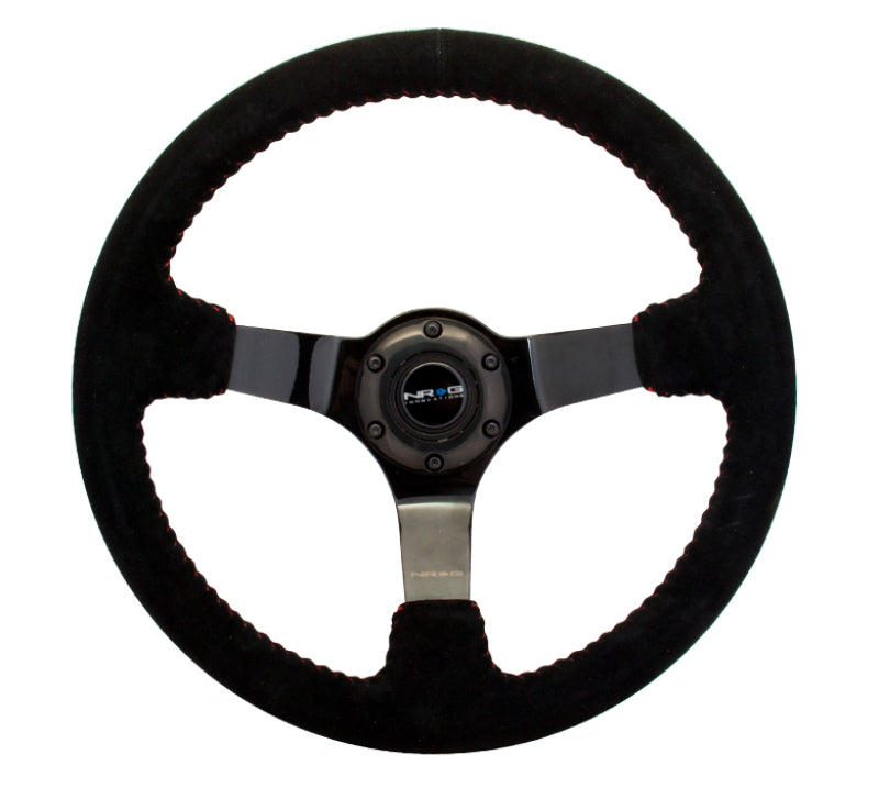 NRG Reinforced Steering Wheel (350mm / 3in. Deep) Blk Suede w/Red BBall Stitch & Black 3-Spoke.