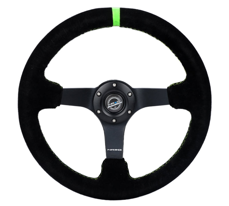 NRG Reinforced Steering Wheel 350mm/3in. Deep Blk Suede/ Neon Green Stitch w/5mm Matte Black Spoke.