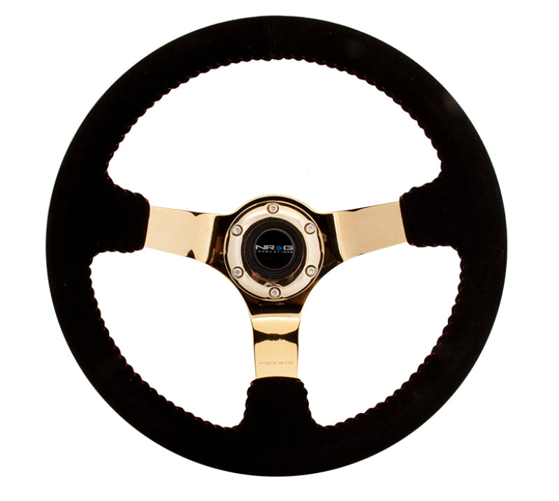 NRG Reinforced Steering Wheel (350mm / 3in. Deep) Blk Suede w/Red BBall Stitch & Chrome Gold 3-Spoke.