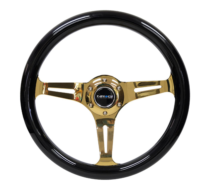 NRG Classic Wood Grain Steering Wheel (350mm) Black Grip w/Chrome Gold 3-Spoke Center.