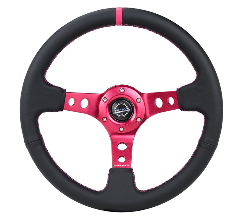 NRG Reinforced Steering Wheel (350mm/3in. Deep) Black Leather/ Fushia Center Mark/ Fushia Stitching.