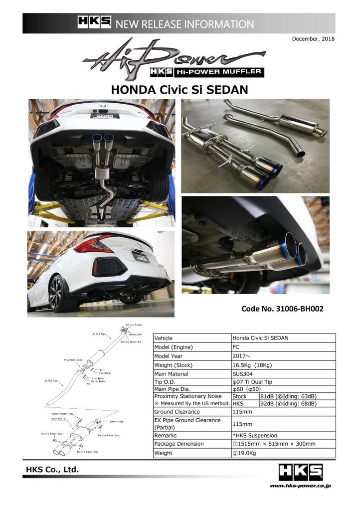 HKS 17+ Honda Civic Si Sedan (FC) Hi-Power Muffler Exhaust.