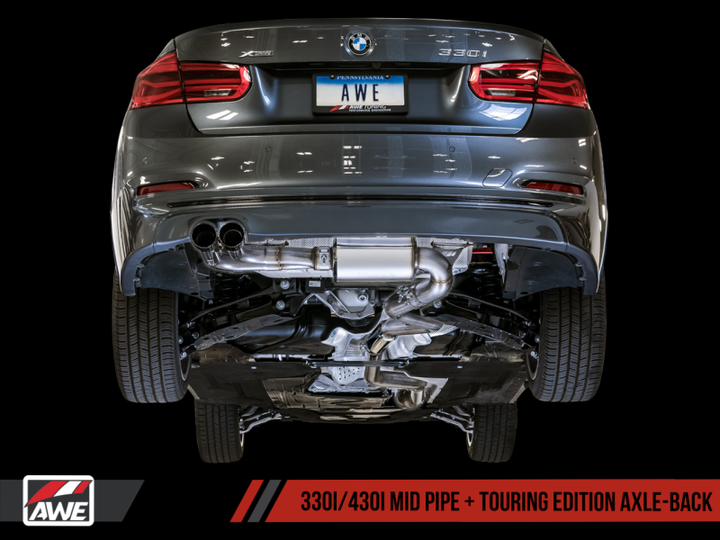 AWE Tuning BMW F3X 28i / 30i Touring Edition Axle-Back Exhaust Single Side - 80mm Silver Tips.