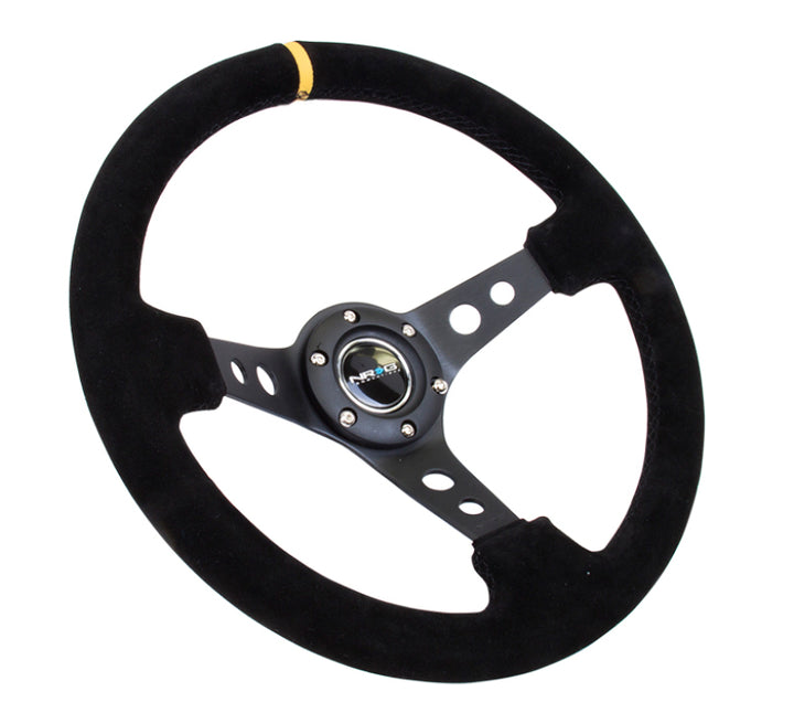 NRG Reinforced Steering Wheel (350mm / 3in. Deep) Blk Suede w/Circle Cut Spokes & Single Yellow CM.