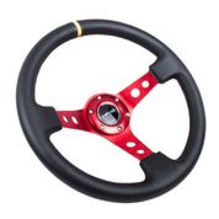 NRG Reinforced Steering Wheel (350mm / 3in. Deep) Blk Leather w/Red Spokes & Sgl Yellow Center Mark.