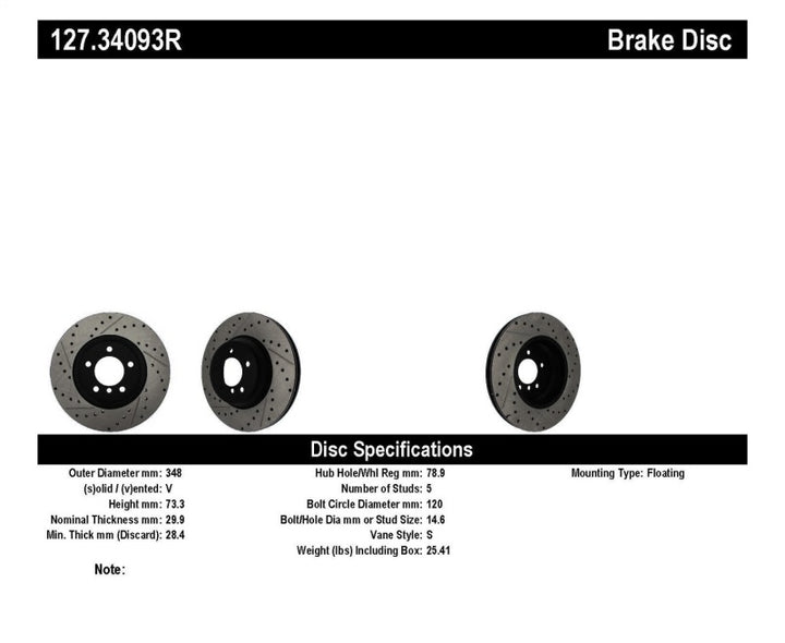 StopTech 07-09 BMW 335 (E90/E92/E93) Slotted & Drilled Right Front Rotor.