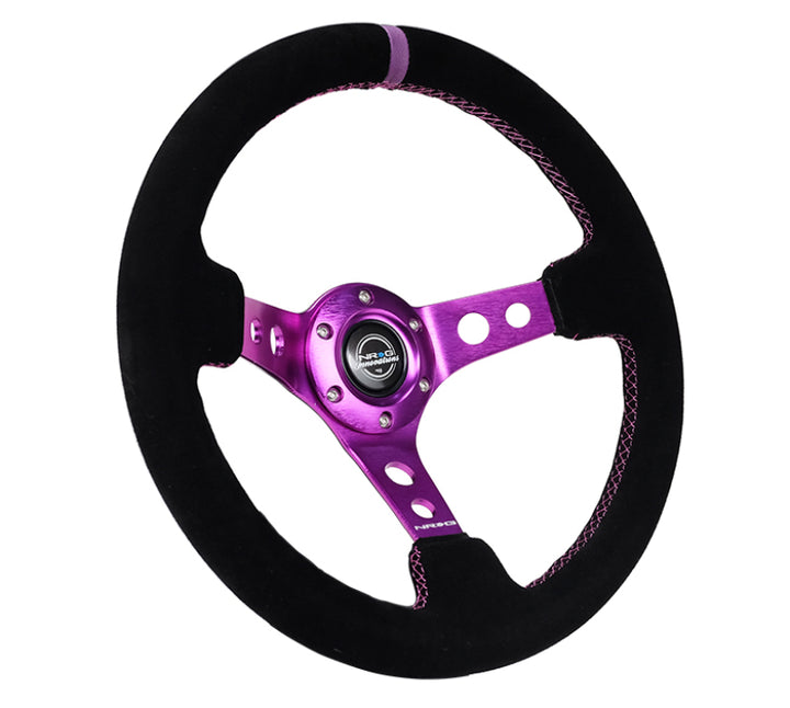 NRG Reinforced Steering Wheel (350mm / 3in. Deep) Black Suede w/Purple Center & Purple Stitching.