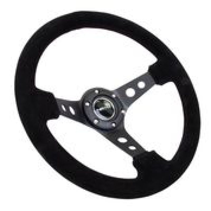 NRG Reinforced Steering Wheel (350mm / 3in. Deep) Blk Suede/Blk Stitch w/Black Circle Cutout Spokes.