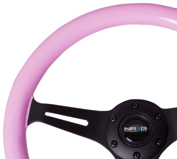 NRG Classic Wood Grain Steering Wheel (350mm) Solid Pink Painted Grip w/Black 3-Spoke Center.