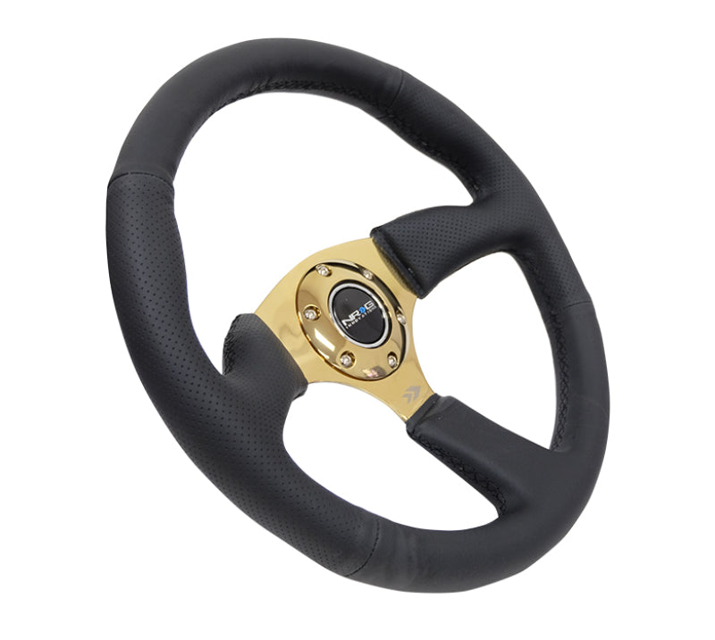 NRG Reinforced Steering Wheel (350mm / 2.5in. Deep) Leather Race Comfort Grip w/4mm Gold Spokes.