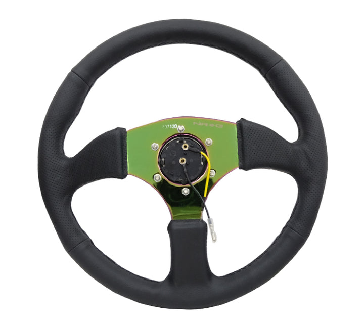 NRG Reinforced Steering Wheel (350mm / 2.5in. Deep) Leather Race Comfort Grip w/4mm Neochrome Spokes.