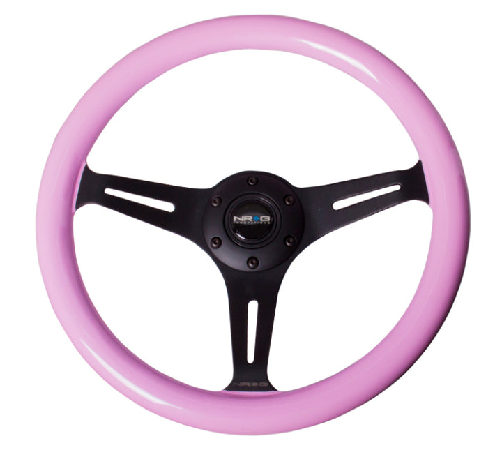 NRG Classic Wood Grain Steering Wheel (350mm) Solid Pink Painted Grip w/Black 3-Spoke Center.