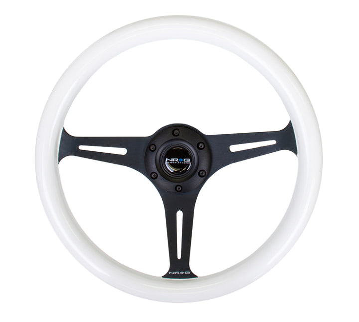 NRG Classic Wood Grain Steering Wheel (350mm) Glow-N-The-Dark Green Grip w/Black 3-Spoke Center.