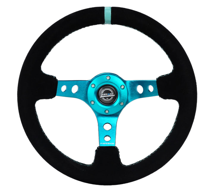 NRG Reinforced Steering Wheel (350mm/ 3in. Deep) Black Suede/ Teal Center Mark/ Teal Stitching.