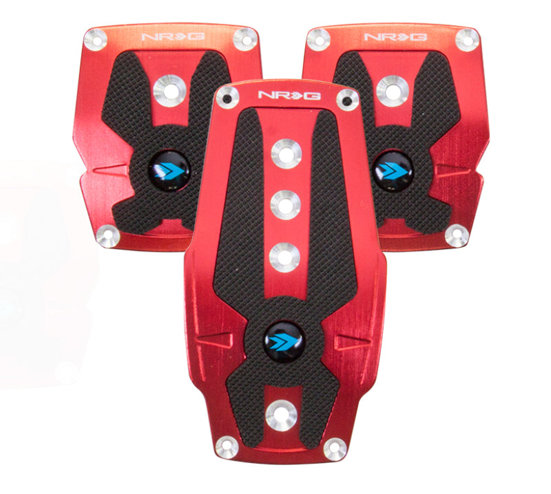 NRG Brushed Aluminum Sport Pedal M/T - Red w/Black Rubber Inserts.