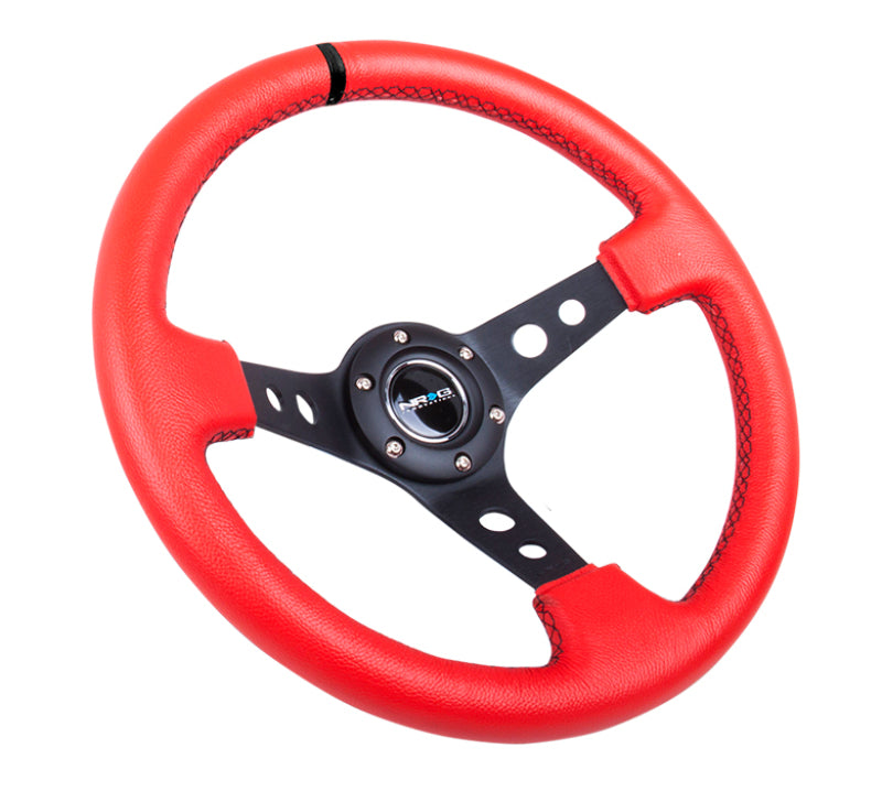 NRG Reinforced Steering Wheel (350mm / 3in. Deep) Red Suede w/Blk Circle Cutout Spokes.