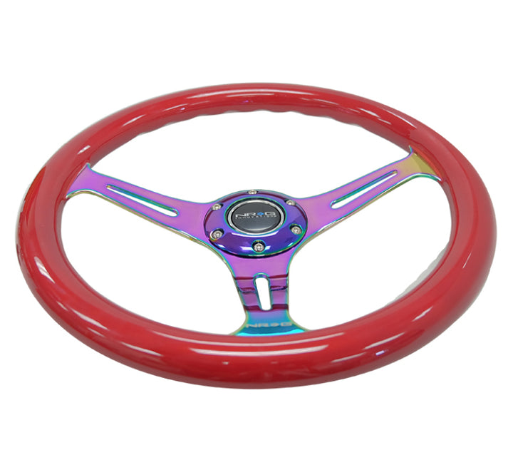 NRG Classic Wood Grain Steering Wheel (350mm) Red Grip w/Neochrome 3-Spoke Center.