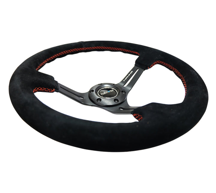 NRG Reinforced Steering Wheel (350mm / 3in. Deep) Blk Suede w/Red Stitching & 5mm Spokes w/Slits.