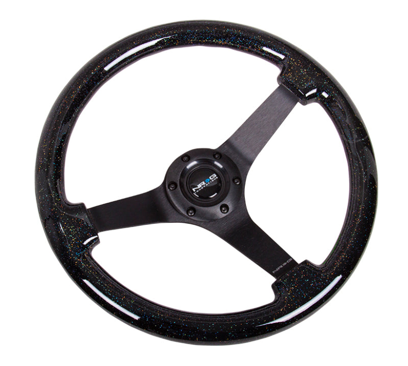 NRG Reinforced Steering Wheel (350mm / 3in Deep) Classic Blk Sparkle Wood Grain w/Blk 3-Spoke Center.