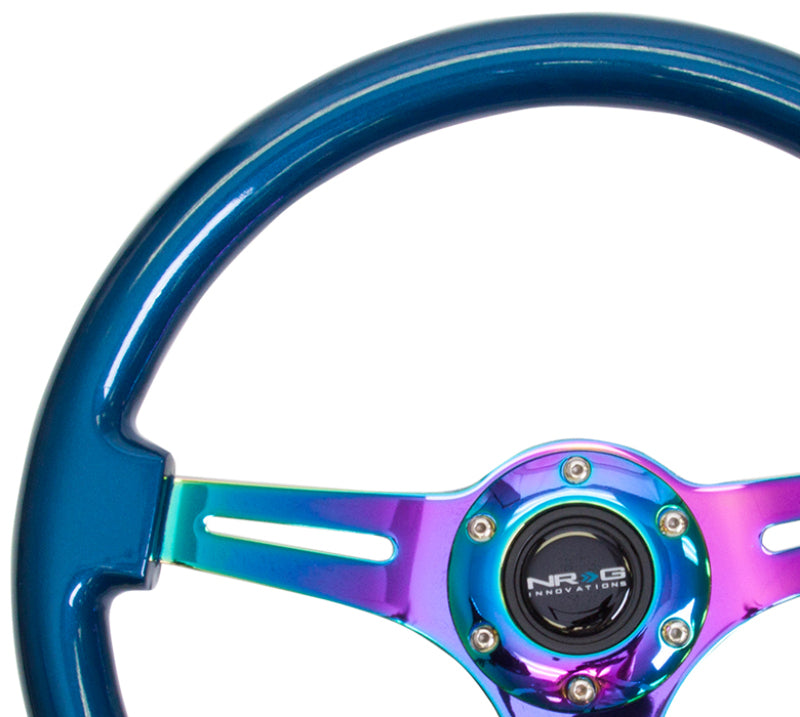 NRG Classic Wood Grain Steering Wheel (350mm) Blue Pearl/Flake Paint w/Neochrome 3-Spoke Center.